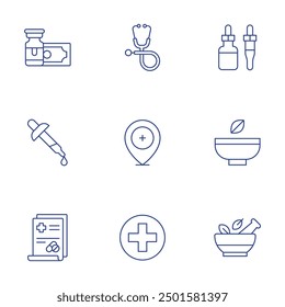 Conjunto de iconos de farmacia. Estilo de línea delgada, golpe editable. estetoscopio, farmacia, dinero, gotas para los ojos, prescripción médica, medicina, mortero.