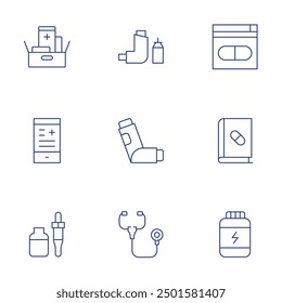 Pharmacy icons set. Thin Line style, editable stroke. online pharmacy, vitamin, inhaler, stethoscope, medicine, book, medicines.