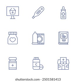 Conjunto de iconos de farmacia. Estilo de línea delgada, editable stroke. farmacia en línea, frasco, medicina, farmacia, prueba de embarazo, condón, vitaminas.