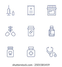 Pharmacy icons set. Thin Line style, editable stroke. insulin, medication, drug, pill, bill, online pharmacy, drugs, stethoscope, syrup.