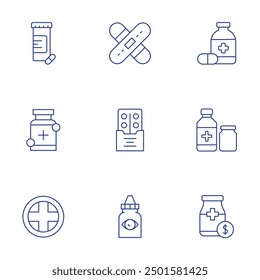 Pharmacy icons set. Thin Line style, editable stroke. medicine, syrup, price, drugs, pharmacy, bandage, tablet, eye drop.