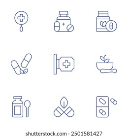 Conjunto de iconos de farmacia. Estilo de línea delgada, estilo editable del golpe. salud, píldora, jarabe, suplemento, mortero, píldoras, farmacia, medicación, medicina.