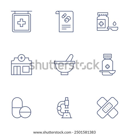 Pharmacy icons set. Thin Line style, editable stroke. syrup, plaster, pharmacy, medicines, medical prescription, mortar, microscope.