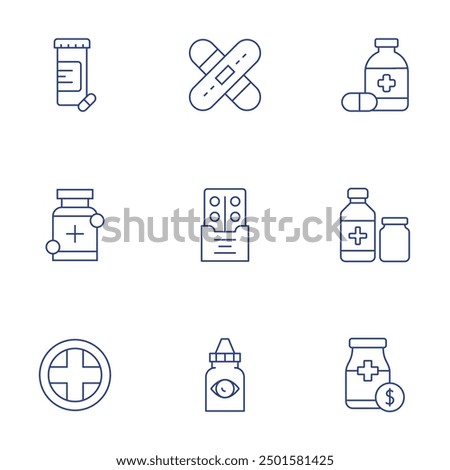 Pharmacy icons set. Thin Line style, editable stroke. medicine, syrup, price, drugs, pharmacy, bandage, tablet, eye drop.