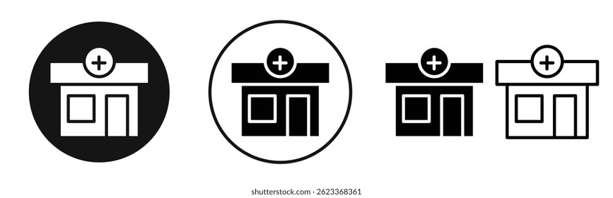 Pharmacy icons in solid black and outlined style