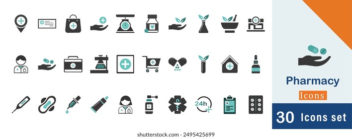Pharmacy icons Stock Vector set. 