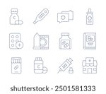 Pharmacy icons. Thin Line style, editable stroke. vitamin c, pills, online pharmacy, medicine, pharmacy, pregnancy test, condom, vitamins, diagnosis, stem cells.