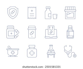 Pharmacy icons. Thin Line style, editable stroke. syrup, buy online, flask, medication, shield, drug, mortar, bill, online pharmacy, drugs, stethoscope.