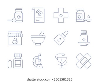 Pharmacy icons. Thin Line style, editable stroke. syrup, plaster, cross, nasal spray, hygeia, medical prescription, mortar, microscope, dose, online pharmacy, tablets.