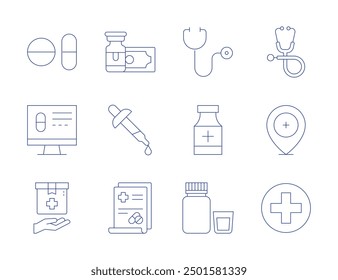 Pharmacy icons. Thin Line style, editable stroke. stethoscope, medicine, suspension, pharmacy, money, eye drops, medical prescription, pills, online pharmacy, medicine box.