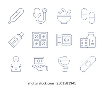 Iconos de farmacia. Estilo de línea delgada, carrera editable. estetoscopio, píldoras, entrega, mortero, señal, higeia, medicina, termómetro, pasta, teléfono, vendaje.