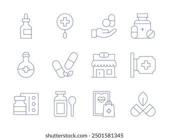 Apotheken-Symbole. Stil der dünnen Linie, bearbeitbarer Strich. Pillen, Apotheke, Online-Apotheke, Gesundheit, Pille, Sirup, Tropfer, Kolben, Antidepressivum, Medikamente, Medizin.