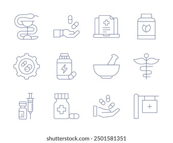 Pharmacy icons. Thin Line style, editable stroke. online pharmacy, mortar, medicine, vegan, pills, supplement, development, injection, pharmacy.