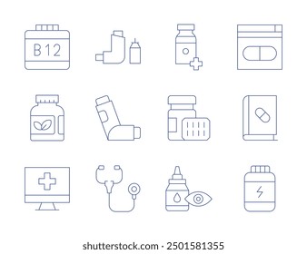 Pharmacy icons. Thin Line style, editable stroke. online pharmacy, vitamin, medicine, inhaler, pill, eye dropper, stethoscope, book, b 19, supplement.