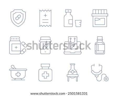 Pharmacy icons. Thin Line style, editable stroke. syrup, buy online, flask, medication, shield, drug, mortar, bill, online pharmacy, drugs, stethoscope.
