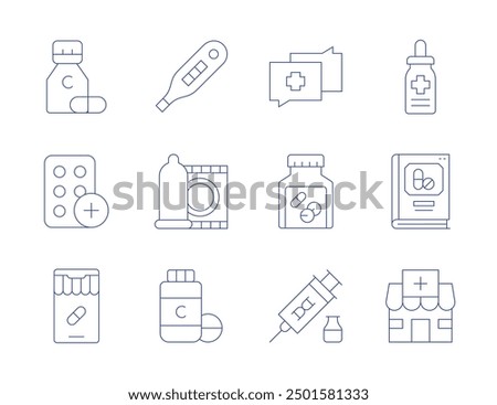 Pharmacy icons. Thin Line style, editable stroke. vitamin c, pills, online pharmacy, medicine, pharmacy, pregnancy test, condom, vitamins, diagnosis, stem cells.