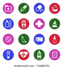 Pharmacy Icons. White Flat Design In Circle. Vector Illustration. 