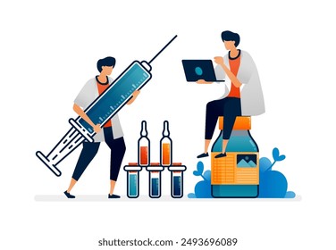 Pharmacy illustration of doctor prepares ampoules for treatment with injections and syrup. Can be used as homepage banner ads for healthcare facilities, posters, brochures