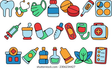 Paquete conjunto de ilustraciones relacionadas con la ilustración de farmacia