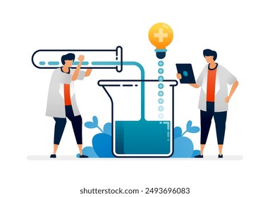 Pharmacy illustration of scientists experiment in mixing liquids in chemical tubes to make medicines. Can be used as homepage banner ads for healthcare facilities, posters, brochures