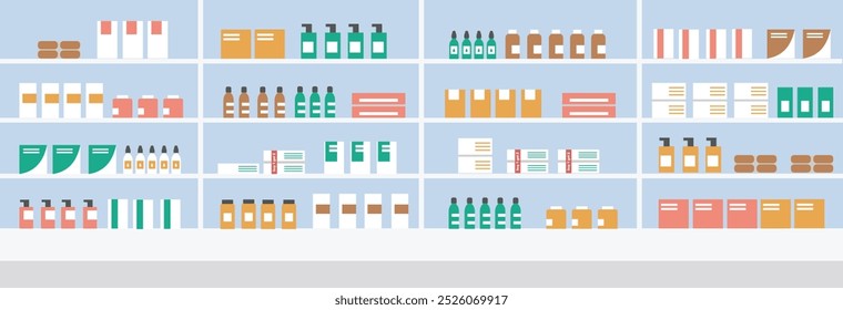 Pharmacy illustration. Pharmacy store. Medicine store. Drug store. Drug store shelf display. Pharmacy shelf display. Medical shop. Medical shop. Grocery. Hypermarket. Minimarket.