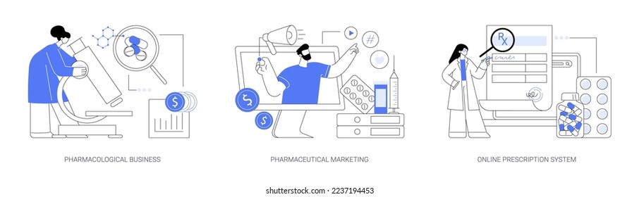 Conjunto de ilustraciones vectoriales abstractas de la industria farmacéutica. Negocios farmacológicos, comercialización farmacéutica, sistema de prescripción en línea, equipo médico, metáfora abstracta de prescripción electrónica.