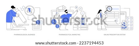Pharmacy industry abstract concept vector illustration set. Pharmacological business, pharmaceutical marketing, online prescription system, medical equipment, e-prescribing abstract metaphor.