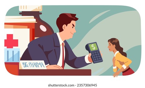 Pharmacy industry and expensive drugs concept. Big pharma company manager man showing high medicine cost to woman person. Health care expenses, pharmaceutical business flat vector illustration