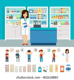 Pharmacy infographic elements and flat banner design. Vector pharmacy drugstore set. Drugs icons: pills capsules and prescription bottles. Flat vector woman pharmacist and people with illnesses