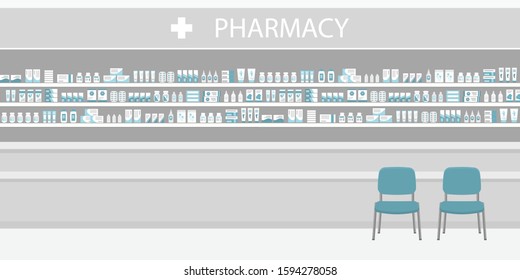 Pharmacy interior in blue and gray colors. There are shelves with medicines and two chairs for visitors in the image. Vector illustration