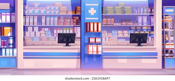 Pharmacy interior with computer monitors on glass counter, various medicines in boxes, jars, tubes on shelves and racks. Cartoon vector of empty drugstore inside with medical product and pills,