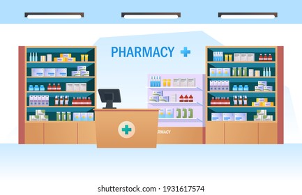 Pharmacy Interior With Counter And Drug On Shelves Illustration