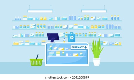 Pharmacy interior with counter and drug on shelves. Modern drugstore. Vector illustration