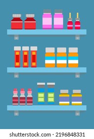 Interior de farmacia con mostrador, productos médicos y pastillas en estanterías. ilustración vectorial en estilo plano.