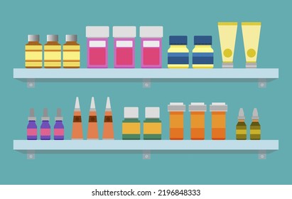 Interior de farmacia con mostrador, productos médicos y pastillas en estanterías. ilustración vectorial en estilo plano.