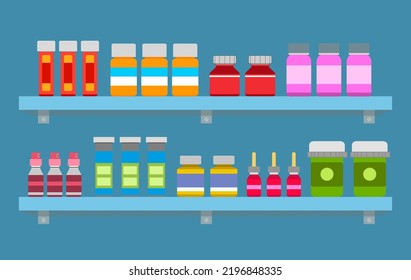 Interior de farmacia con mostrador, productos médicos y pastillas en estanterías. ilustración vectorial en estilo plano.