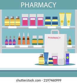 Pharmacy interior with counter, medical products and pills on shelves. shopping bag with different medicines. vector illustration in flat style.