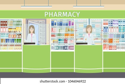 Pharmacy interior design with two pharmacist female characters at the counters. Drugstore with showcases with medicines