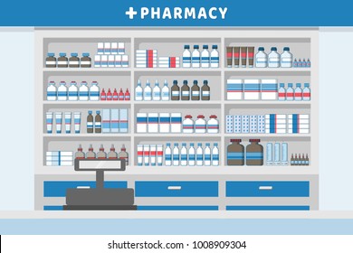 Pharmacy Interior With Drug Shelves And Cashier Counter Flat Design Illustration Vector.