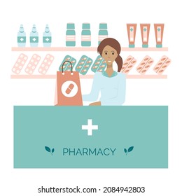 Pharmacy interior with druggist flat vector illustration. Shop with medicines. 