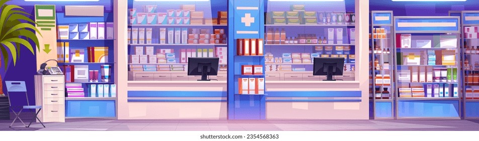 Interior de farmacia con medicamentos en estanterías. Dibujo vectorial de la farmacia que vende medicamentos, botellas cosméticas, cajas de pastillas, tabletas en repisa, ordenador en caja, empresa farmacéutica