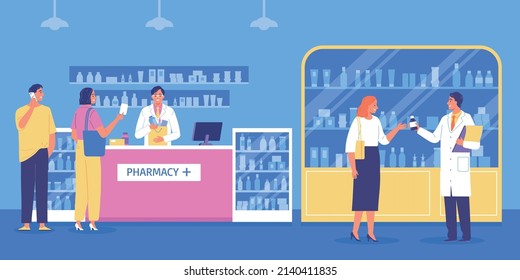 Pharmacy interior flat background with visitors pharmacist and staff in white coats consulting people vector illustration