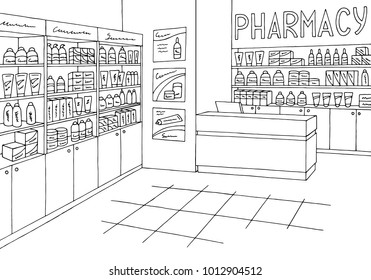 Pharmacy interior graphic store shop black white sketch illustration vector