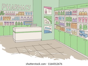 Pharmacy interior graphic store shop color sketch illustration vector