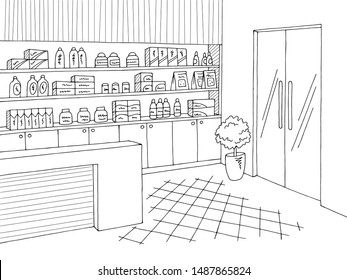 Pharmacy interior graphic store shop black white sketch illustration vector