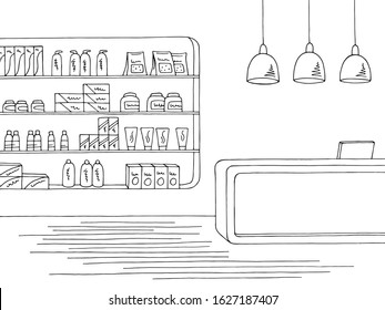 Pharmacy interior graphic store shop black white sketch illustration vector