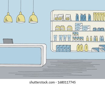 Pharmacy interior graphic store shop color sketch illustration vector
