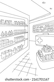 Pharmacy interior graphic store shop black white vertical sketch illustration vector 