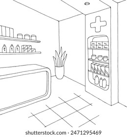 Tienda gráfica interior de la farmacia tienda de boceto blanco negro ilustración Vector 