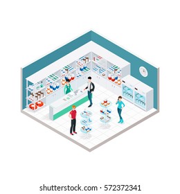 Pharmacy interior isometric composition with indoor apothecary counter shopboards and faceless characters of customers and druggist vector illustration